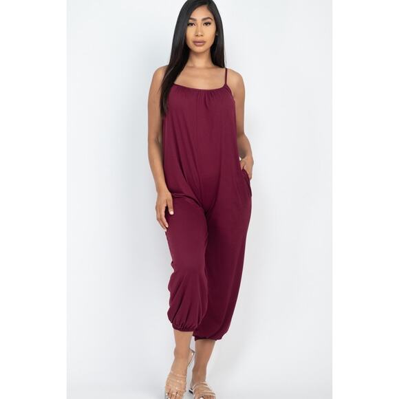 Spaghetti strap solid jumpsuit (Burgundy)-Small - Picture 1 of 2